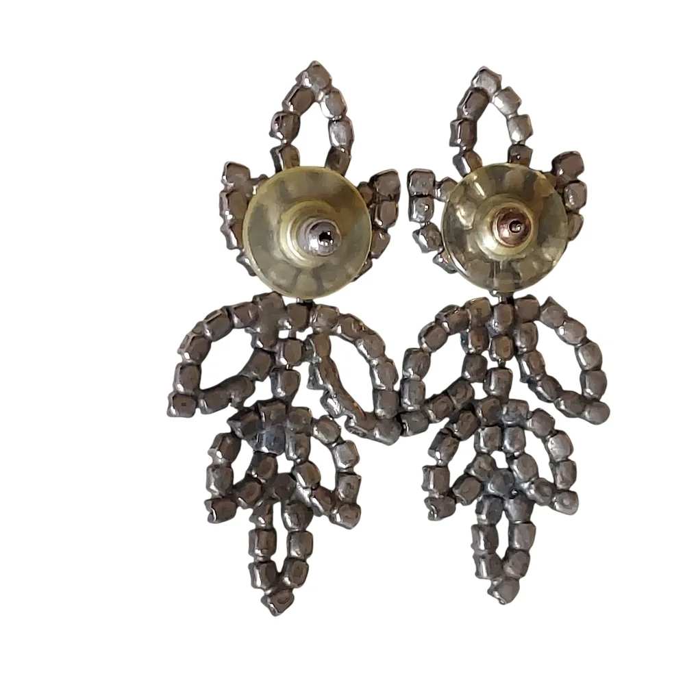 Vintage Rhinestone Crystal Leaf Earrings Pierced Evening Formal